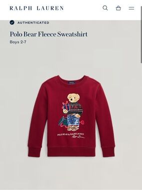 NWOT Boys Ralph Lauren Polo Red Crewneck Sweatshirt w/Polo Bear - Authenticated
